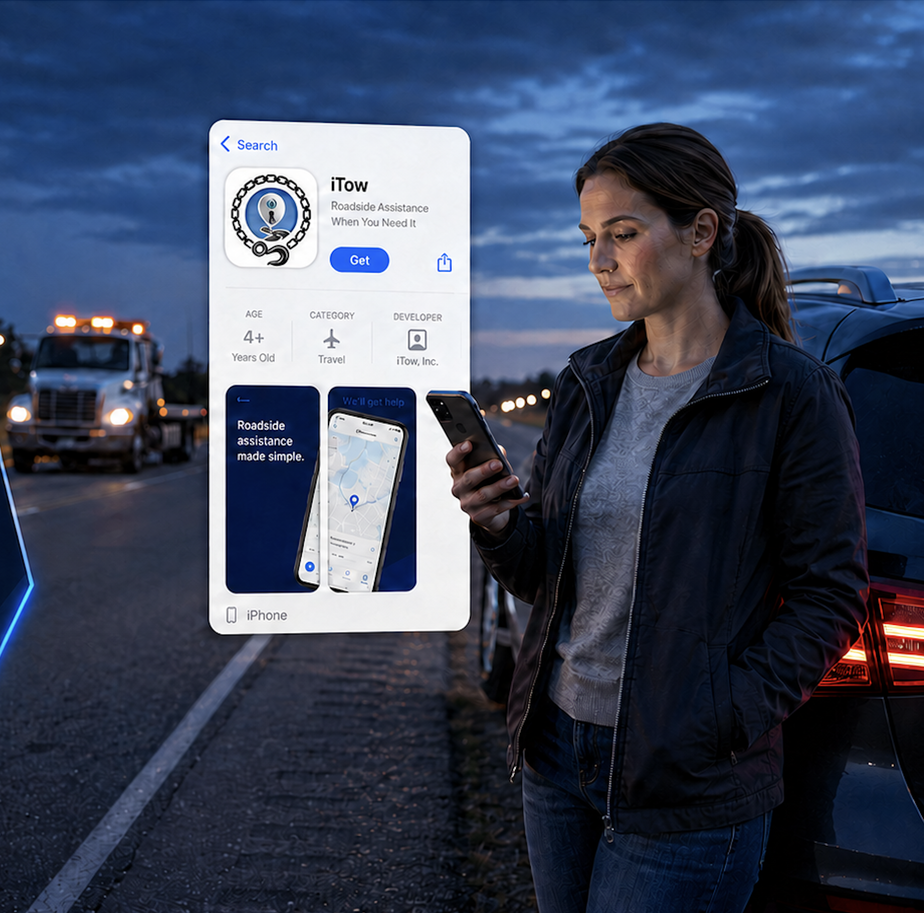 Driver requesting roadside help through the iTow app
